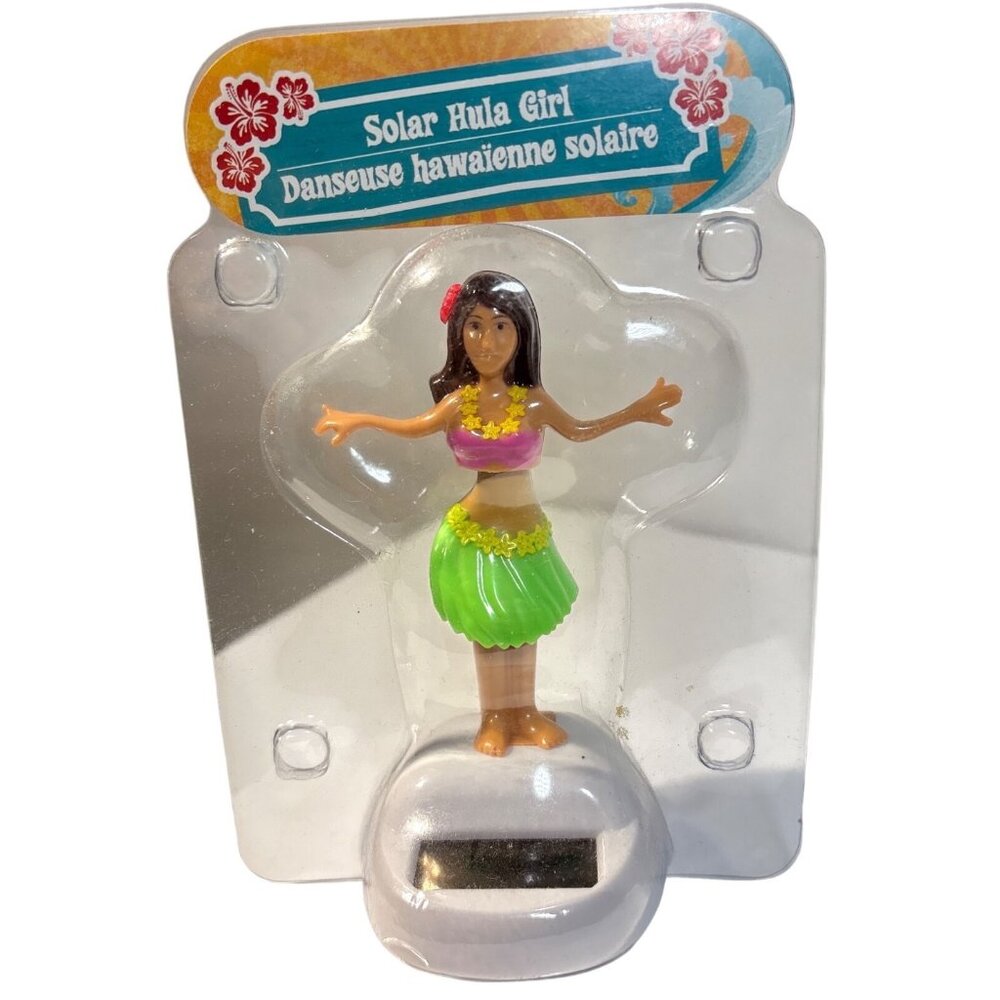 Solar Powered Hula Girl Dashboard Ornament With Pink & Green Outfit 4.5"